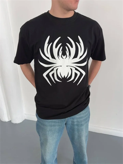 Erkek Örümcek Baskılı Tişört Kısa Kollu Bisiklet Yaka T-Shirt - Siyah