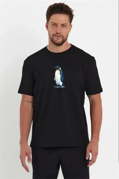 Erkek Oversize Tişört - Sırt Baskılı Survivor Penguin Temalı, Felsefi Yazılı Bisiklet Yaka Tişört - Siyah
