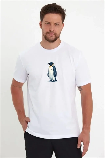 Erkek Oversize Tişört - Sırt Baskılı Survivor Penguin Temalı, Felsefi Yazılı Bisiklet Yaka Tişört - Beyaz