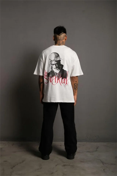 Erkek Oversize Tişört – Beyaz 24/1 Penye Kumaş, Bisiklet Yaka, Ön - Arka Baskılı, Streetwear Tarzı Rahat Büyük Kalıp T-Shirt- Beyaz