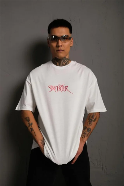 Erkek Oversize Tişört – Beyaz 24/1 Penye Kumaş, Bisiklet Yaka, Ön - Arka Baskılı, Streetwear Tarzı Rahat Büyük Kalıp T-Shirt- Beyaz