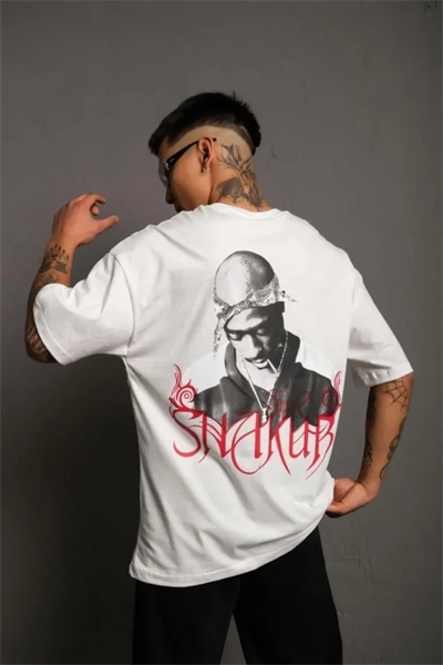 Erkek Oversize Tişört – Beyaz 24/1 Penye Kumaş, Bisiklet Yaka, Ön - Arka Baskılı, Streetwear Tarzı Rahat Büyük Kalıp T-Shirt- Beyaz