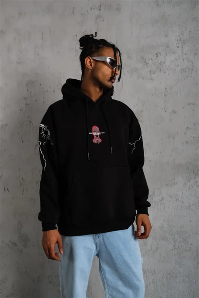 Erkek Oversize Üç İplik Kapüşonlu Sweatshirt – Siyah “Don’t Be Terrified” Ön, Sırt Ve Kol Baskılı, Kanguru Cepli, Ribanalı Rahat Model- Siyah