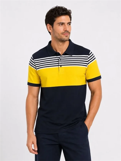 Erkek Pike Kumaş Çizgili Polo Yaka Tişört Kısa Kol Yazlık T-Shirt - Lacivert