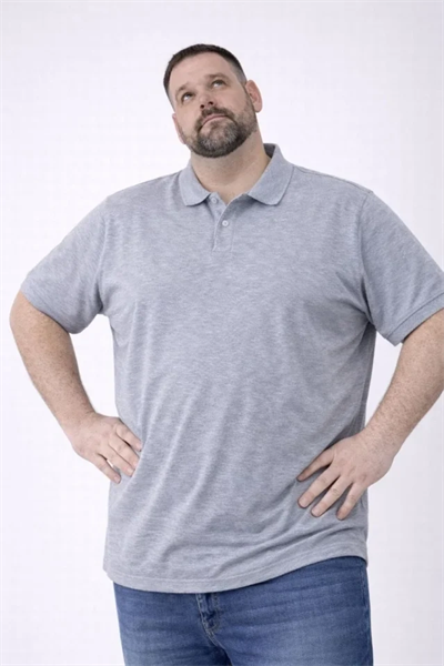 Erkek Pike Kumaş Düğmeli Yaka Battal Büyük Beden Günlük Kısa Kol Tişört T-shirt - Gri