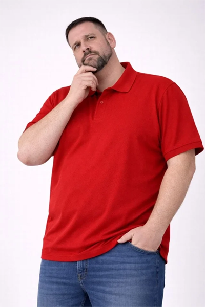 Erkek Pike Kumaş Düğmeli Yaka Battal Büyük Beden Günlük Kısa Kol Tişört T-shirt - Kırmızı