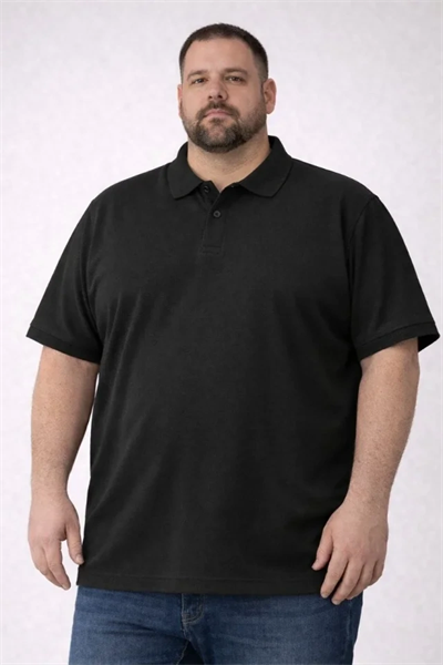 Erkek Pike Kumaş Düğmeli Yaka Battal Büyük Beden Günlük Kısa Kol Tişört T-shirt - Siyah