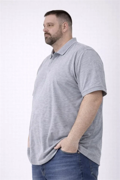 Erkek Pike Kumaş Düğmeli Yaka Battal Büyük Beden Günlük Kısa Kol Tişört T-shirt - Gri