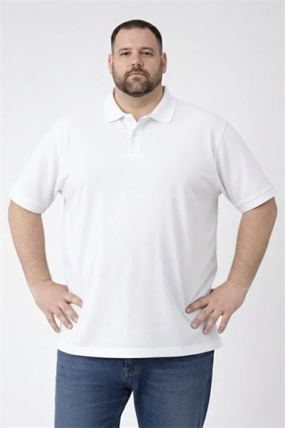 Erkek Pike Kumaş Düğmeli Yaka Battal Büyük Beden Günlük Kısa Kol Tişört T-shirt - Beyaz