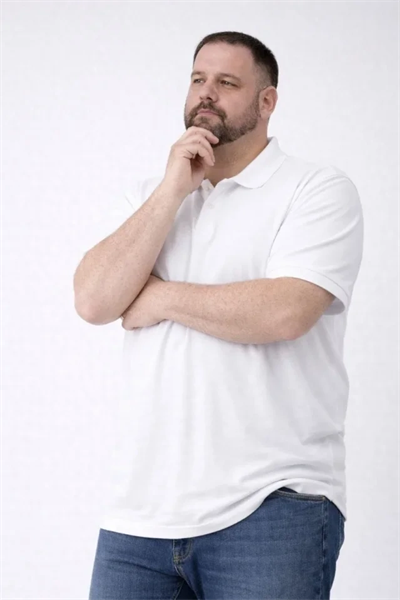 Erkek Pike Kumaş Düğmeli Yaka Battal Büyük Beden Günlük Kısa Kol Tişört T-shirt - Beyaz