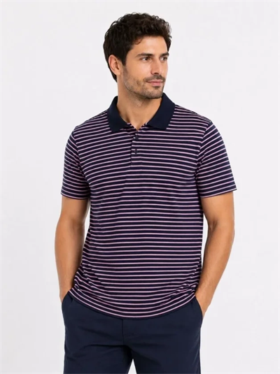 Erkek Pike Kumaş Gül Kurusu Çizgili Polo Yaka Tişört Kısa Kol T-Shirt - Siyah