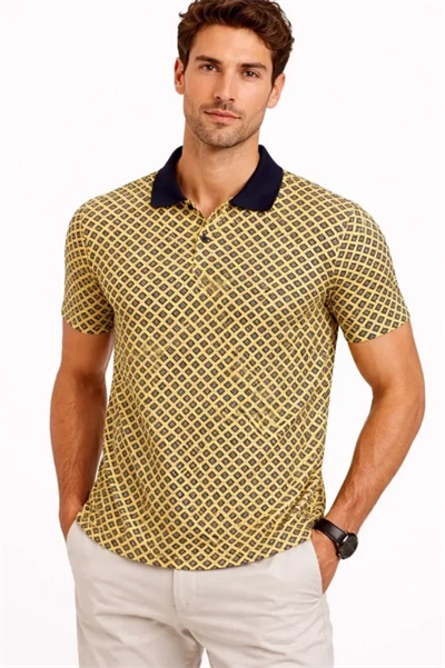 Erkek Pike Kumaş Polo Yaka Desenli Tişört Kısa Kol Yazlık T-Shirt - Sarı
