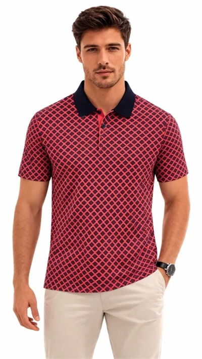 Erkek Pike Kumaş Polo Yaka Desenli Tişört Kısa Kol Yazlık T-Shirt - Kırmızı