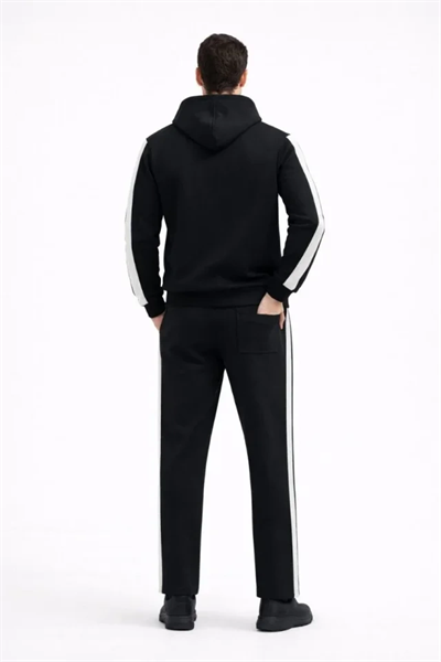 Erkek Şeritli Eşofman Takım Kapüşonlu Sweatshirt Boru Paça Alt, Oversize 3 Iplik Pamuklu - Siyah