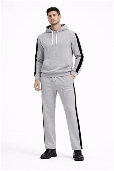 Erkek Şeritli Eşofman Takım Kapüşonlu Sweatshirt Boru Paça Alt, Oversize 3 Iplik Pamuklu - Gri