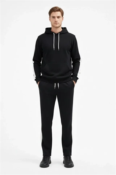 Erkek Şeritli Eşofman Takım Kapüşonlu Sweatshirt Boru Paça Alt, Oversize 3 Iplik Pamuklu - Siyah