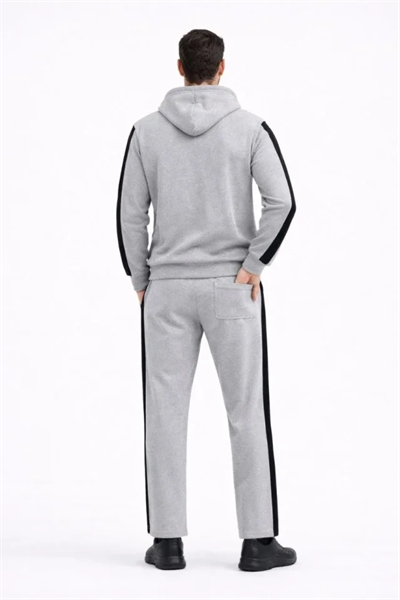 Erkek Şeritli Eşofman Takım Kapüşonlu Sweatshirt Boru Paça Alt, Oversize 3 Iplik Pamuklu - Gri