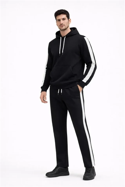 Erkek Şeritli Eşofman Takım Kapüşonlu Sweatshirt Boru Paça Alt, Oversize 3 Iplik Pamuklu - Siyah