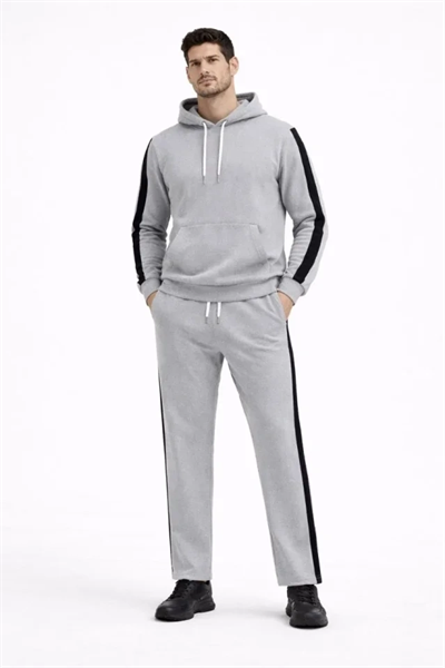 Erkek Şeritli Eşofman Takım Kapüşonlu Sweatshirt Boru Paça Alt, Oversize 3 Iplik Pamuklu - Gri