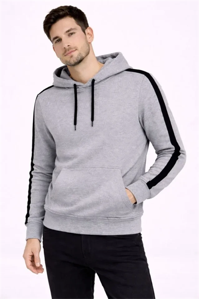 Erkek Şeritli Kapüşonlu Sweatshirt Oversize 3 Iplik Pamuklu - Gri