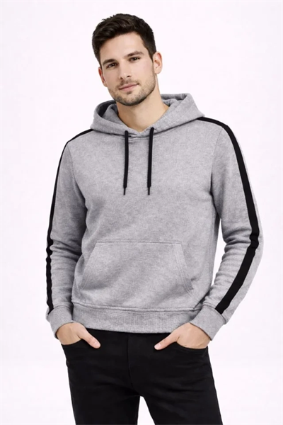 Erkek Şeritli Kapüşonlu Sweatshirt Oversize 3 Iplik Pamuklu - Gri