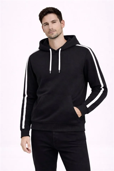 Erkek Şeritli Kapüşonlu Sweatshirt Oversize 3 Iplik Pamuklu - Siyah