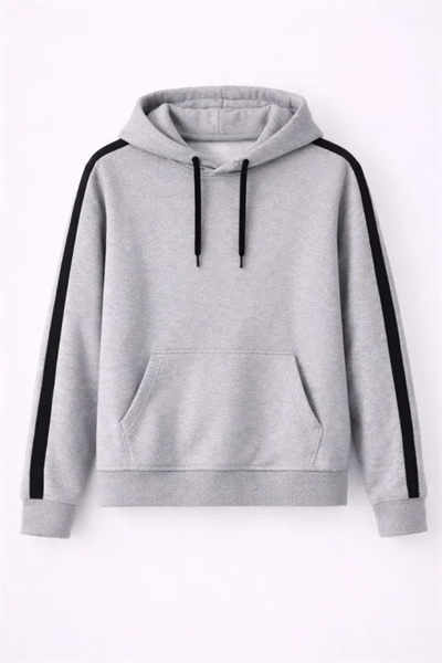 Erkek Şeritli Kapüşonlu Sweatshirt Oversize 3 Iplik Pamuklu - Gri