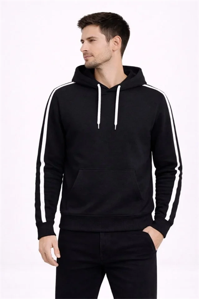Erkek Şeritli Kapüşonlu Sweatshirt Oversize 3 Iplik Pamuklu - Siyah