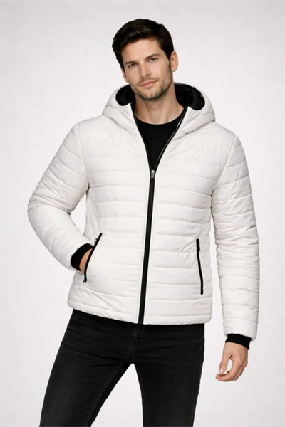 Erkek Şişme Kapüşonlu Fermuarlı Mont Su Itici Kapitone Astarlı Kumaş Cepli Kışlık Rahat Kalıp - Krem