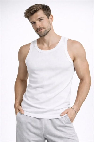 Erkek Spor Fitilli Atlet 3lü Set Beyaz, Siyah Ve Kahverengi Slim Fit Kaşkorse Arka Baskılı Spor Atlet