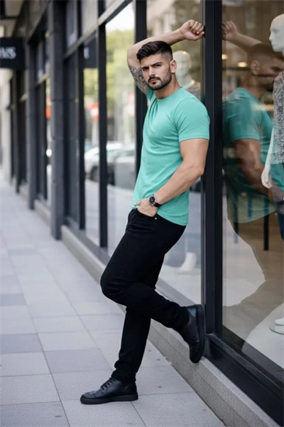 Erkek T-Shirt Bisiklet Yaka Slim Fit Dar Kesim Likralı Tişört Günlük Basic Body - Turkuvaz