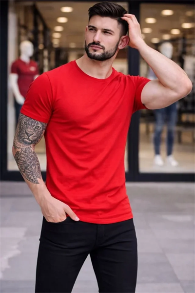 Erkek T-Shirt Bisiklet Yaka Slim Fit Dar Kesim Likralı Tişört Günlük Basic Body - Kırmızı