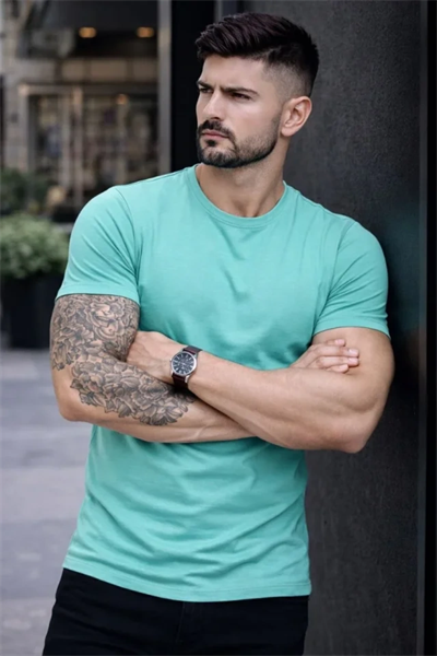 Erkek T-Shirt Bisiklet Yaka Slim Fit Dar Kesim Likralı Tişört Günlük Basic Body - Turkuvaz