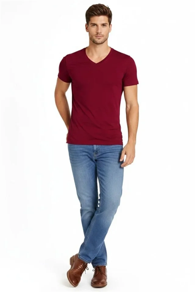 Erkek T-Shirt V Yaka Slim Fit Dar Kesim Likralı Tişört Günlük Basic Body - Bordo