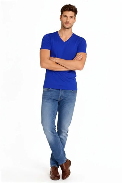 Erkek T-Shirt V Yaka Slim Fit Dar Kesim Likralı Tişört Günlük Basic Body - Saks Mavisi