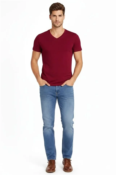Erkek T-Shirt V Yaka Slim Fit Dar Kesim Likralı Tişört Günlük Basic Body - Bordo