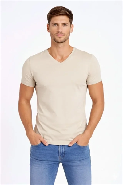 Erkek T-Shirt V Yaka Slim Fit Dar Kesim Likralı Tişört Günlük Basic Body - Taş