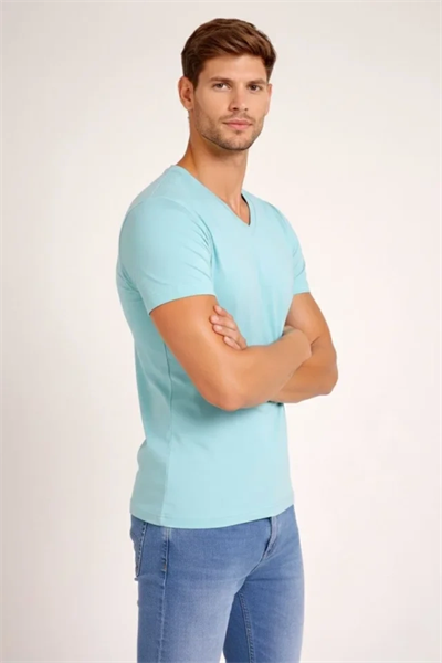 Erkek T-Shirt V Yaka Slim Fit Dar Kesim Likralı Tişört Günlük Basic Body - Turkuvaz