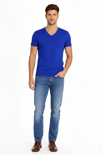 Erkek T-Shirt V Yaka Slim Fit Dar Kesim Likralı Tişört Günlük Basic Body - Saks Mavisi