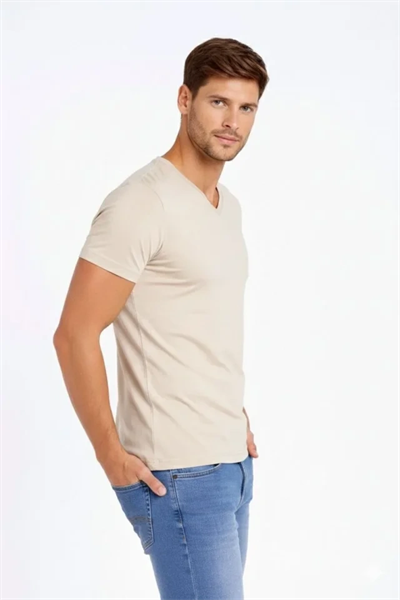 Erkek T-Shirt V Yaka Slim Fit Dar Kesim Likralı Tişört Günlük Basic Body - Taş