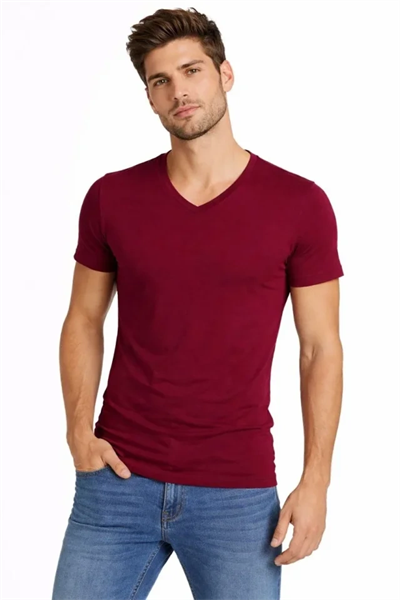 Erkek T-Shirt V Yaka Slim Fit Dar Kesim Likralı Tişört Günlük Basic Body - Bordo