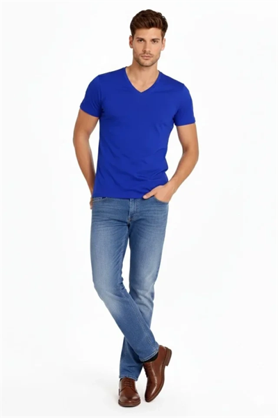 Erkek T-Shirt V Yaka Slim Fit Dar Kesim Likralı Tişört Günlük Basic Body - Saks Mavisi