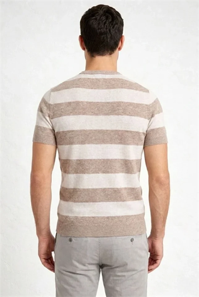 Erkek T-shirt Çizgili Triko Dokuma Bisiklet Yaka Tişört - Bej