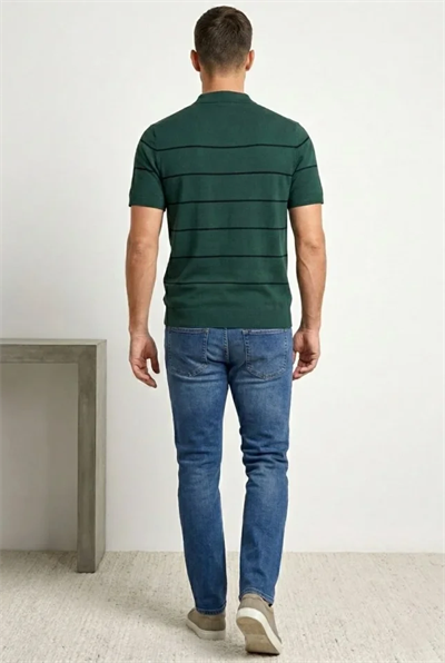 Erkek T-shirt Çizgili Triko Dokuma Kumaş Polo Yaka Yarım Fermuarlı Regular Kalıp Tişört - Çağla Yeşili
