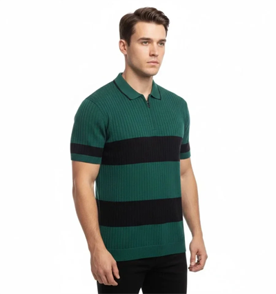 Erkek T-shirt Çizgili Triko Dokuma Kumaş Polo Yaka Yarım Fermuarlı Regular Kalıp Tişört - Çağla Yeşili