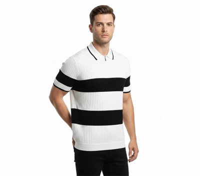 Erkek T-shirt Çizgili Triko Dokuma Kumaş Polo Yaka Yarım Fermuarlı Regular Kalıp Tişört - Beyaz