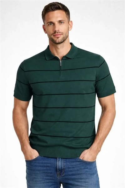 Erkek T-shirt Çizgili Triko Dokuma Kumaş Polo Yaka Yarım Fermuarlı Regular Kalıp Tişört - Çağla Yeşili
