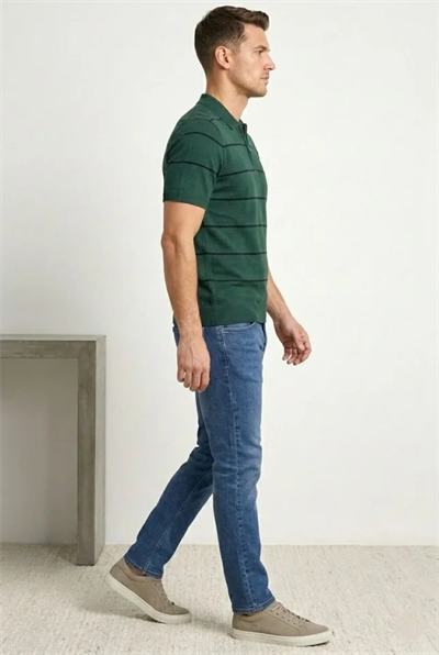 Erkek T-shirt Çizgili Triko Dokuma Kumaş Polo Yaka Yarım Fermuarlı Regular Kalıp Tişört - Çağla Yeşili