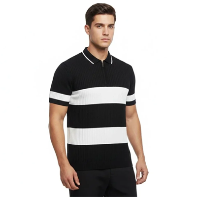 Erkek T-shirt Çizgili Triko Dokuma Kumaş Polo Yaka Yarım Fermuarlı Regular Kalıp Tişört - Siyah