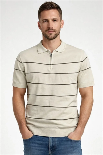 Erkek T-shirt Çizgili Triko Dokuma Kumaş Polo Yaka Yarım Fermuarlı Regular Kalıp Tişört - Bej